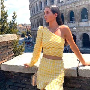 ZARA Women's Gingham Asymmetrical One Shoulder Crop Top Checkered Yellow XS, M